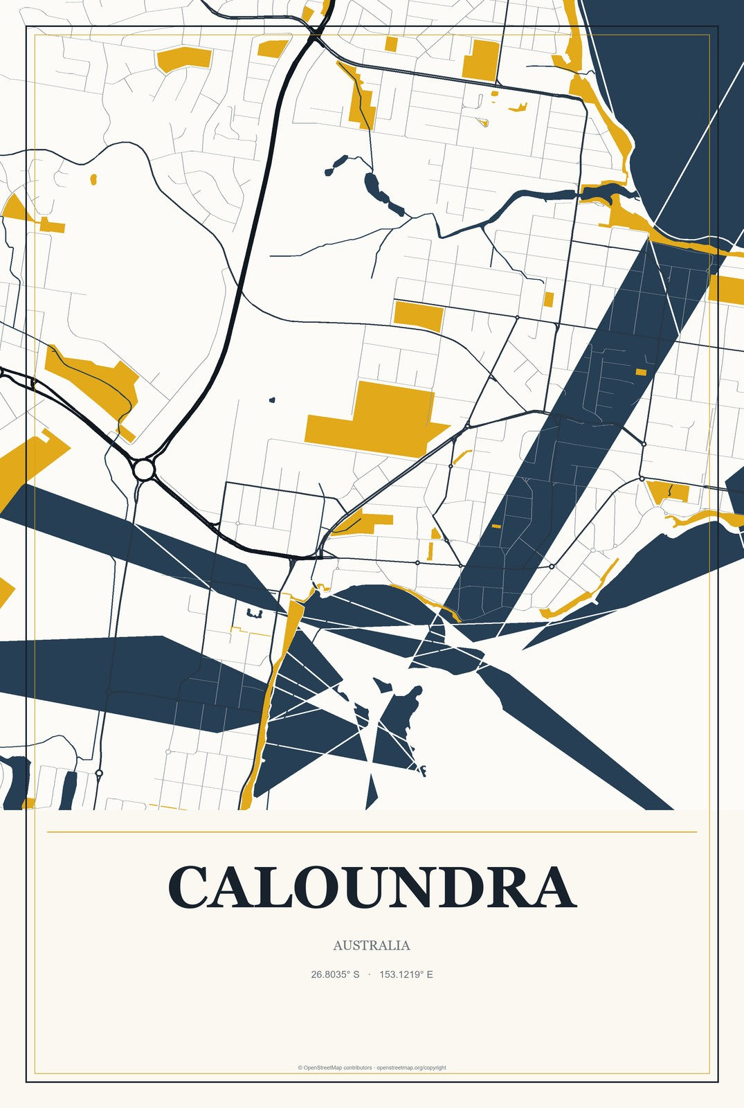 Caloundra, Australia City Map Aluminum Sign in Citrine Modern style