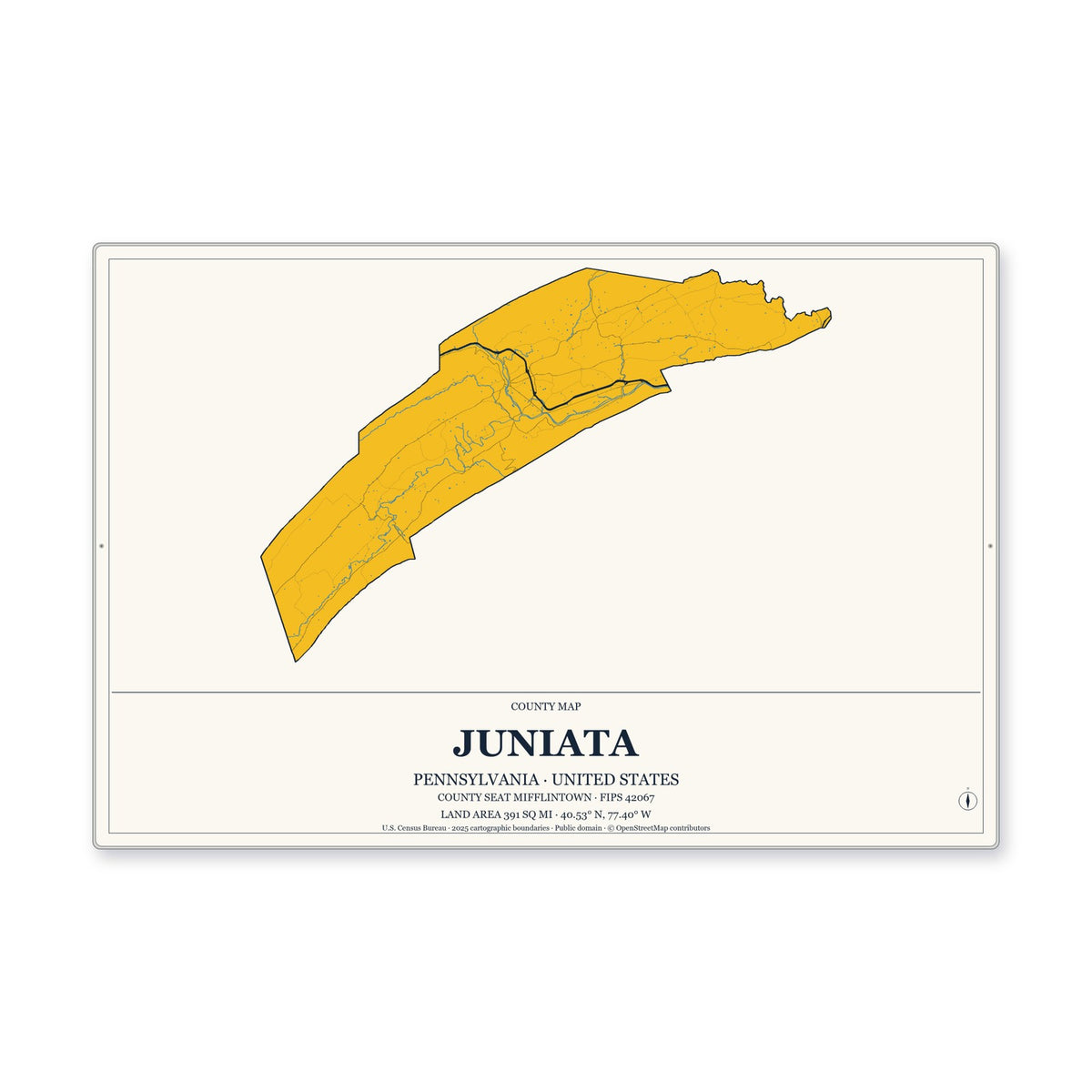 Juniata County, Pennsylvania Map Aluminum Sign in Citrine Modern style
