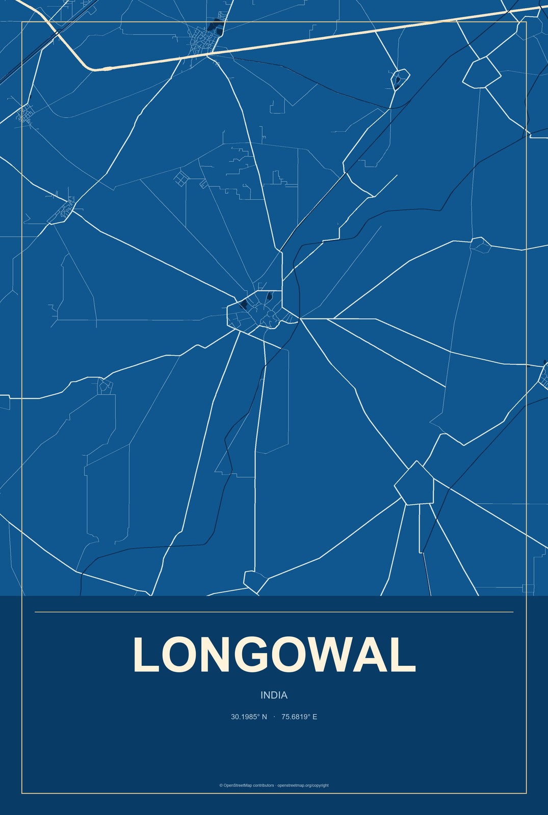Longowal, India City Map Aluminum Sign in Harbor Cobalt style