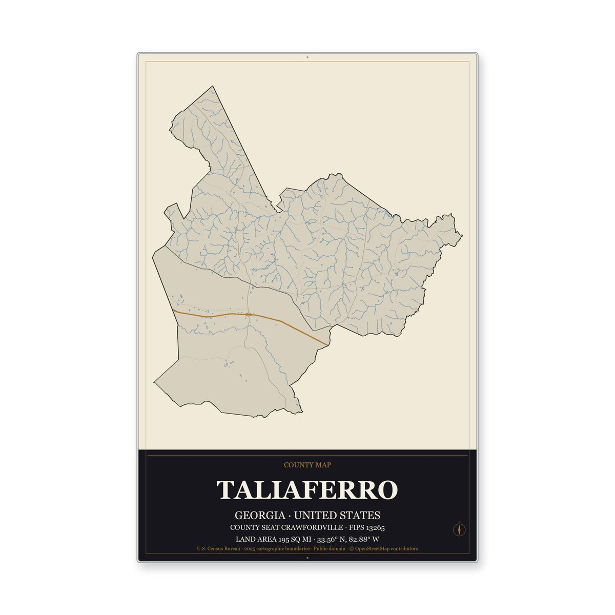 Taliaferro County, Georgia Map Aluminum Sign in Museum Plaque style