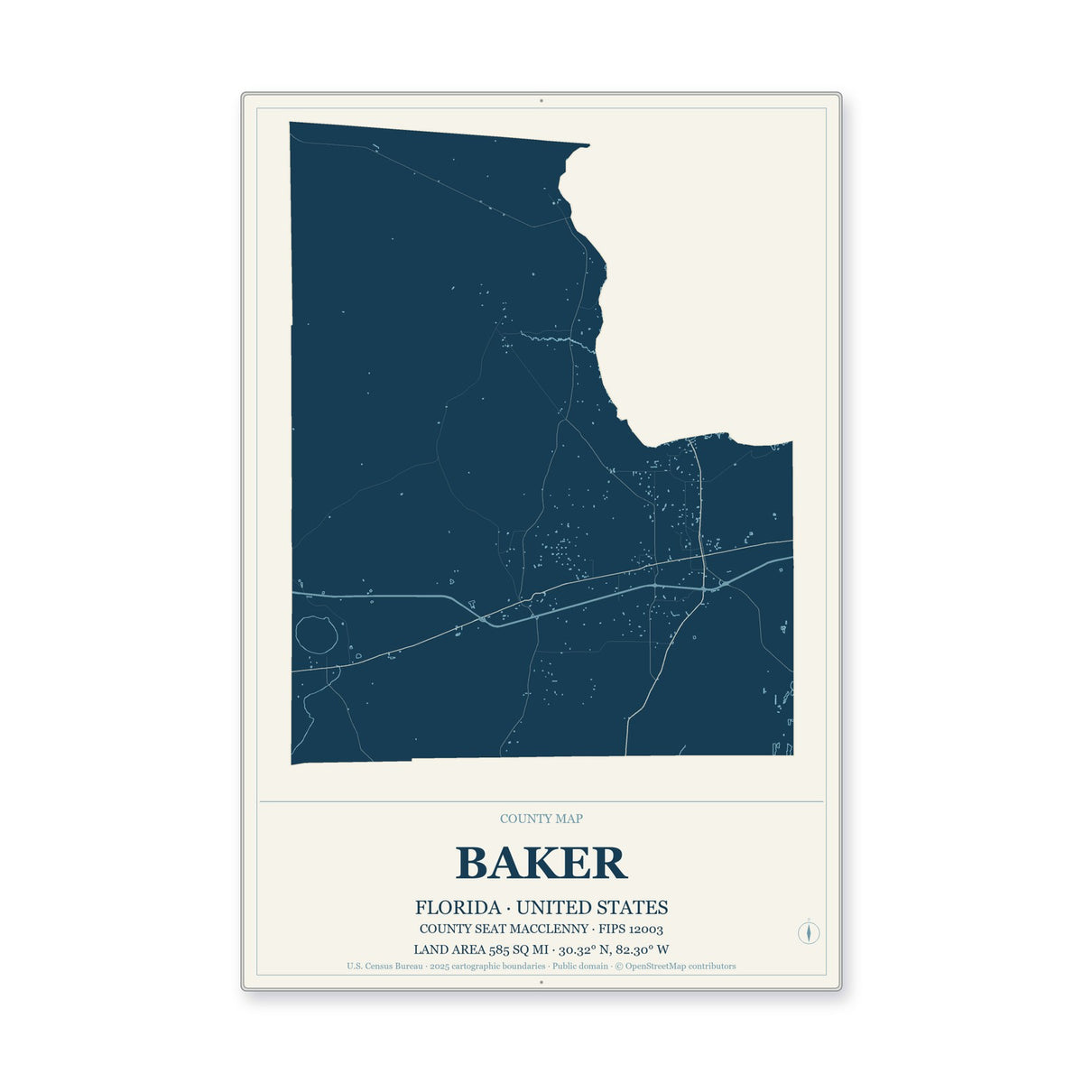 Baker County, Florida Map Aluminum Sign in Coastal Cutout style