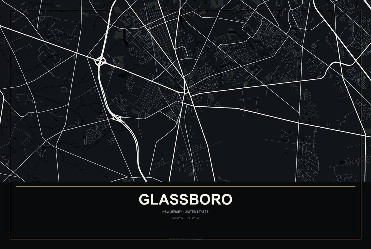Glassboro, New Jersey City Map Aluminum Sign in Metropolitan Noir style