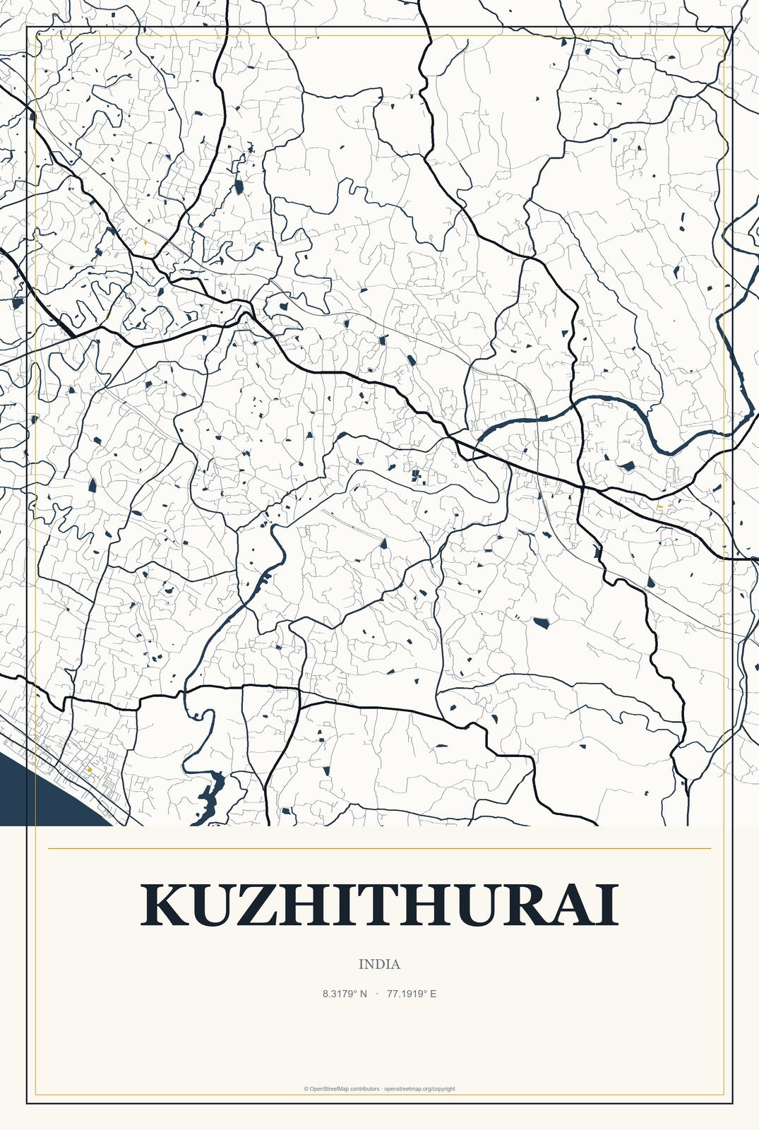 Kuzhithurai, India City Map Aluminum Sign in Citrine Modern style
