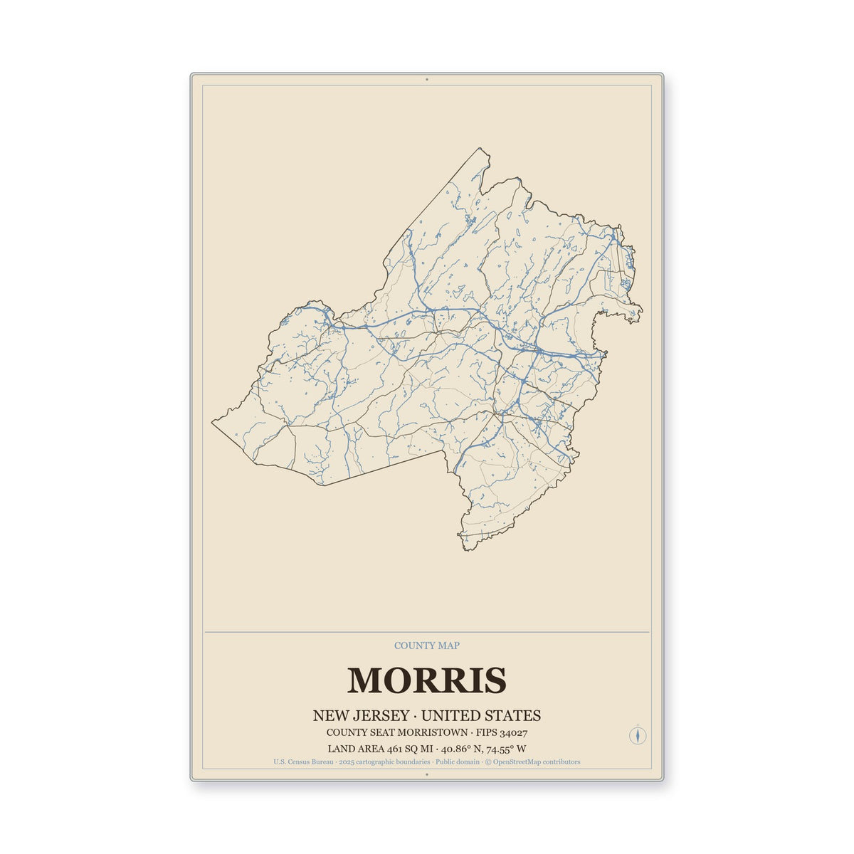 Morris County, New Jersey Map Aluminum Sign in Heritage Nautical style