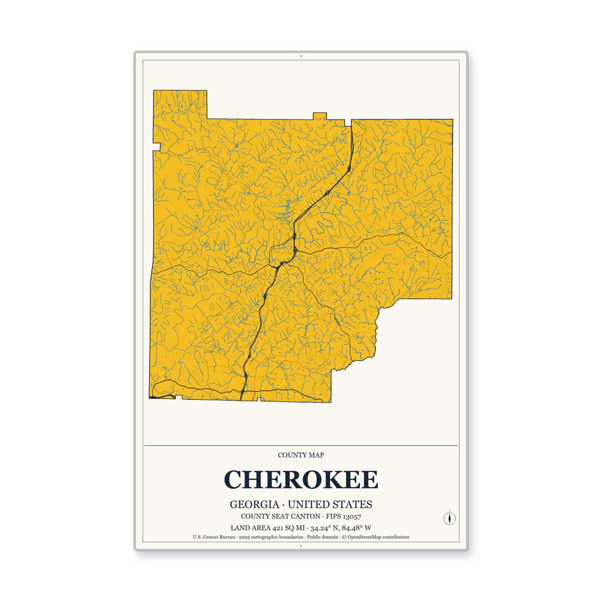 Cherokee County, Georgia Map Aluminum Sign in Citrine Modern style
