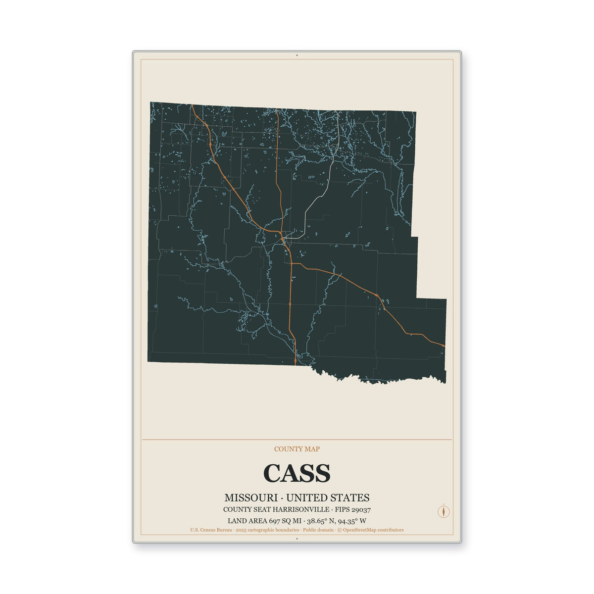 Cass County, Missouri Map Aluminum Sign in Headline Atlas style