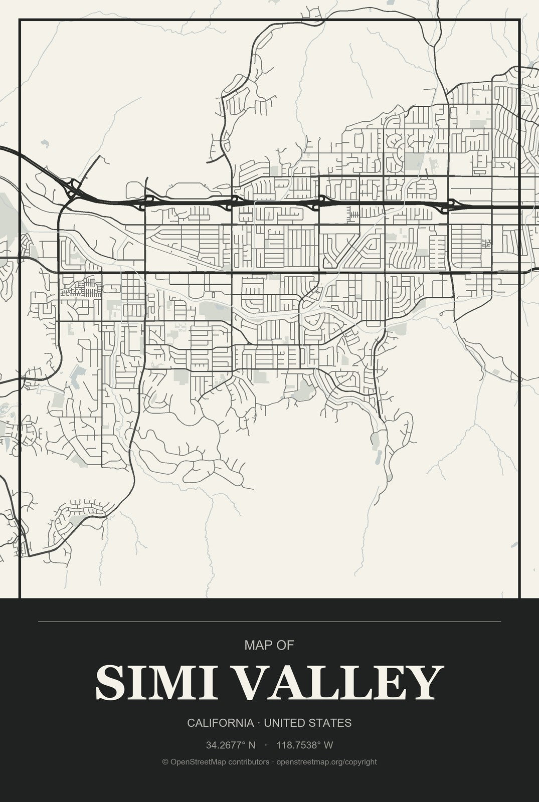 Simi Valley, California City Map Aluminum Sign in Museum Plaque style