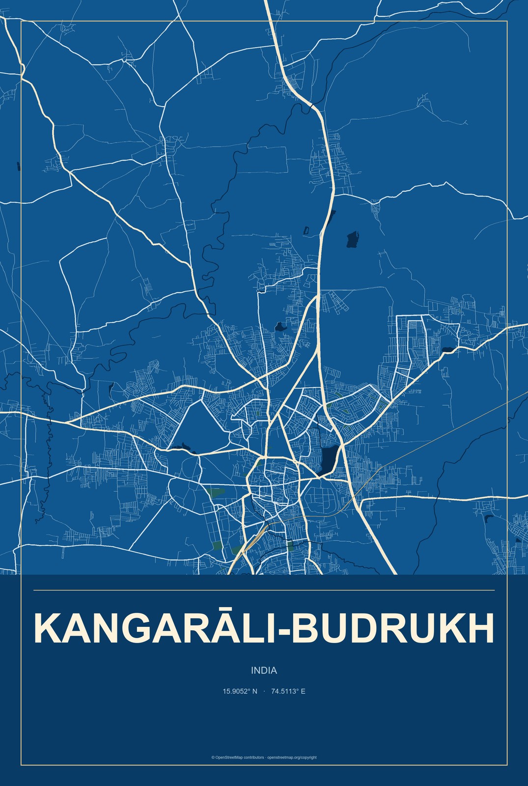 Kangarāli-budrukh, India City Map Aluminum Sign in Harbor Cobalt style