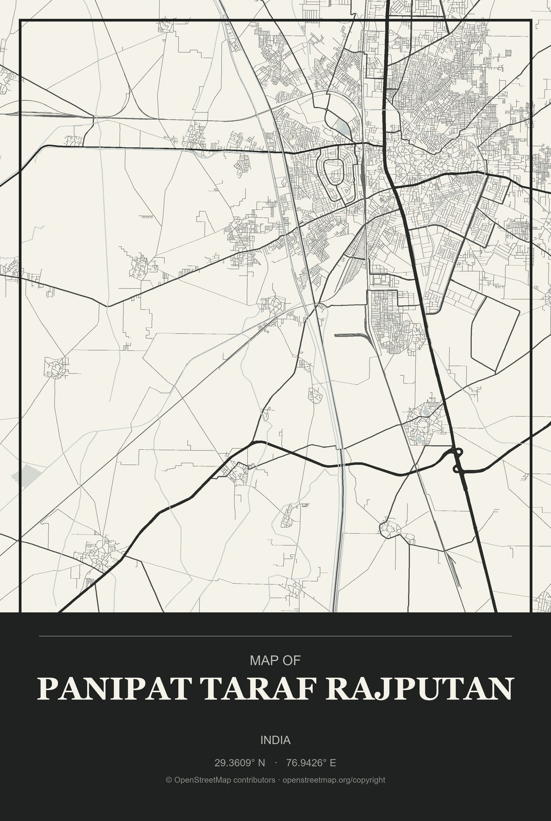 Panipat Taraf Rajputan, India City Map Aluminum Sign in Museum Plaque style