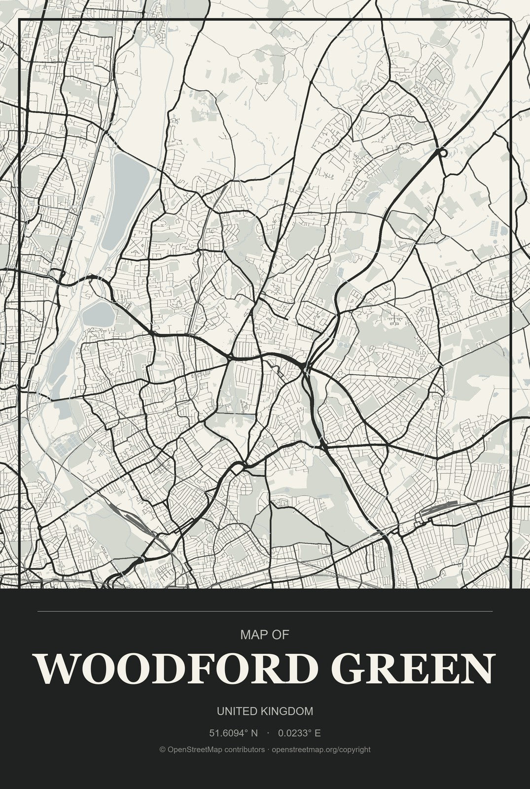 Woodford Green, United Kingdom City Map Aluminum Sign in Museum Plaque style