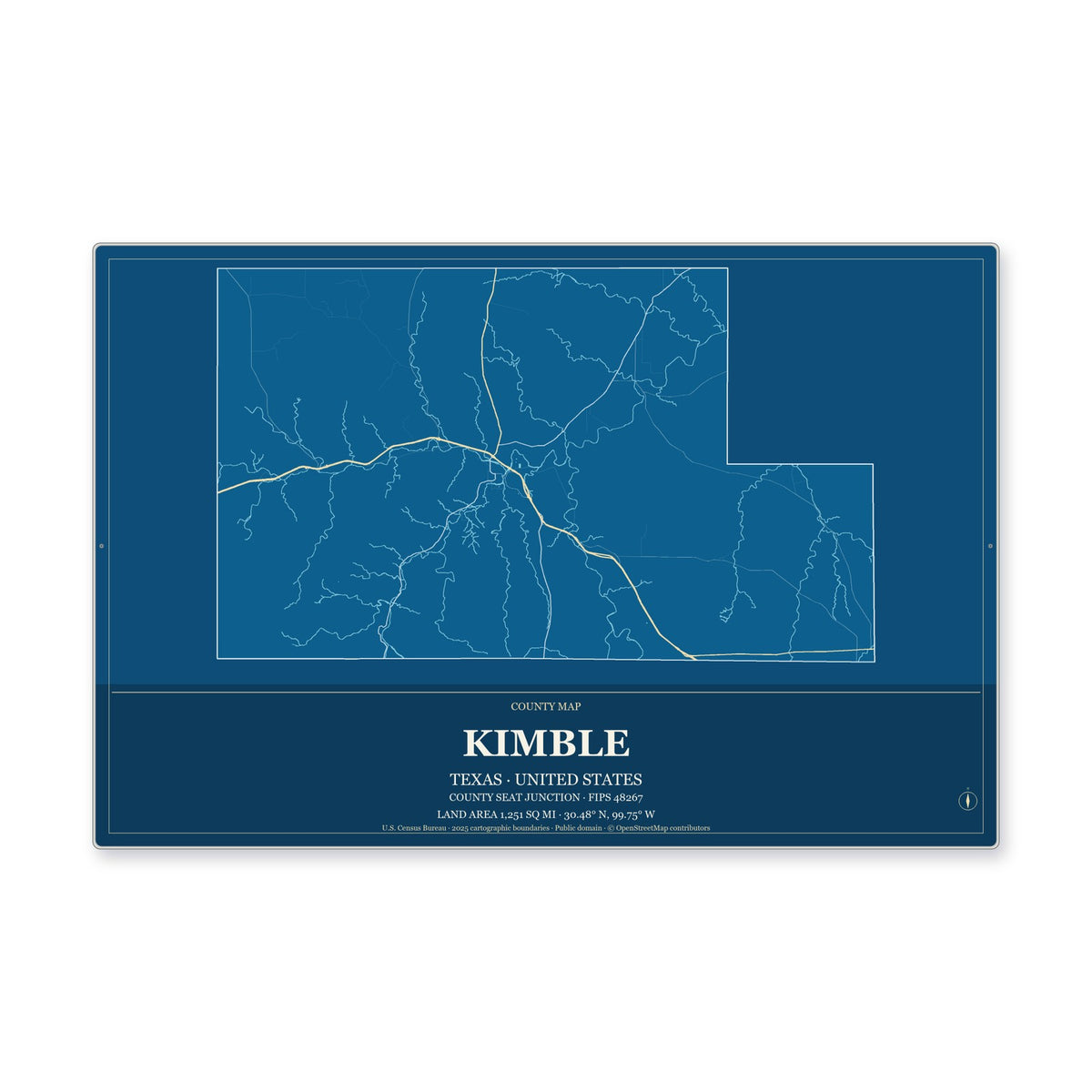 Kimble County, Texas Map Aluminum Sign in Harbor Cobalt style