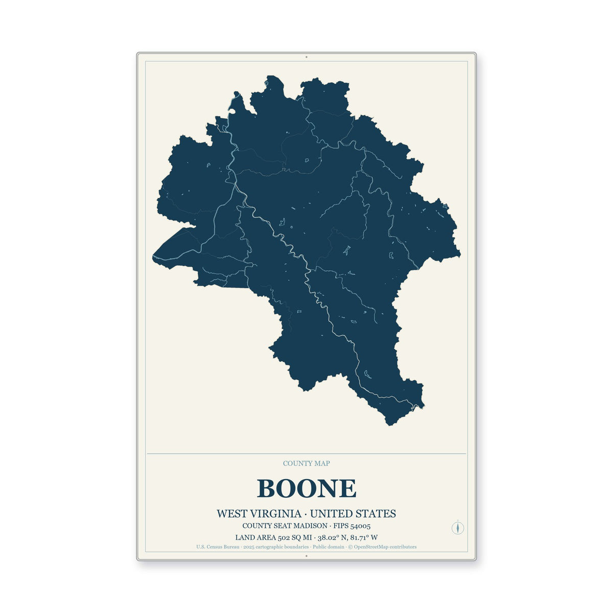 Boone County, West Virginia Map Aluminum Sign in Coastal Cutout style