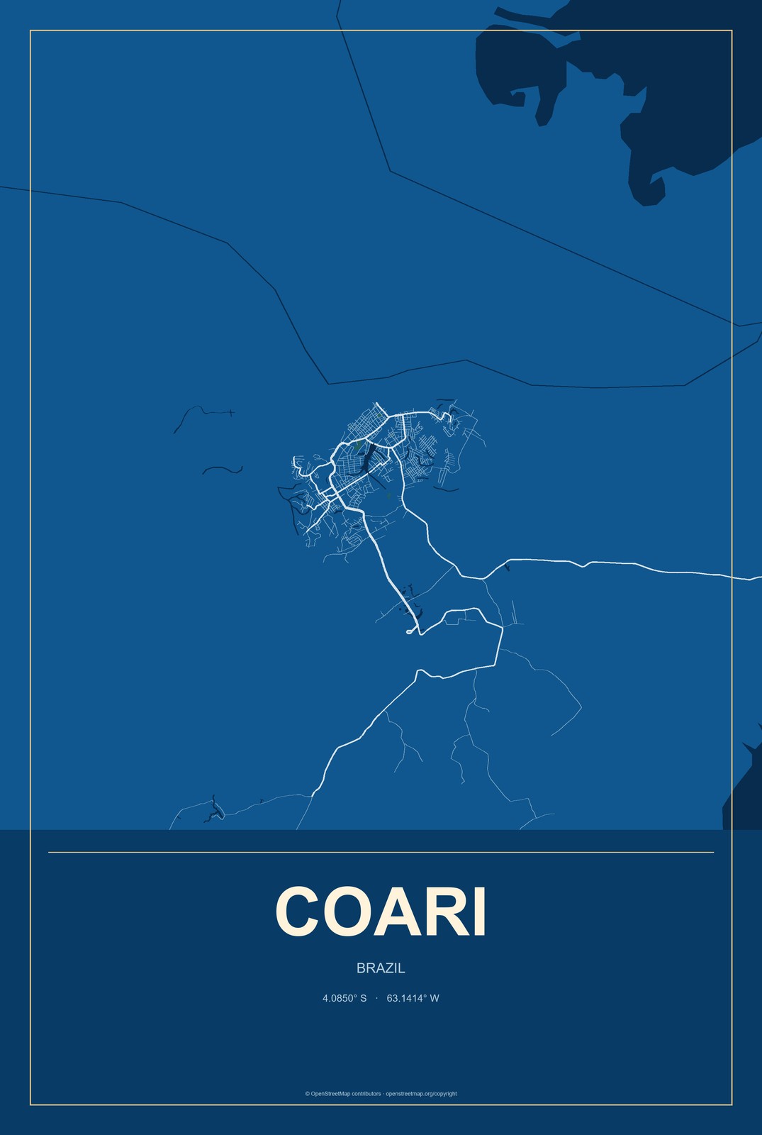 Coari, Brazil City Map Aluminum Sign in Harbor Cobalt style