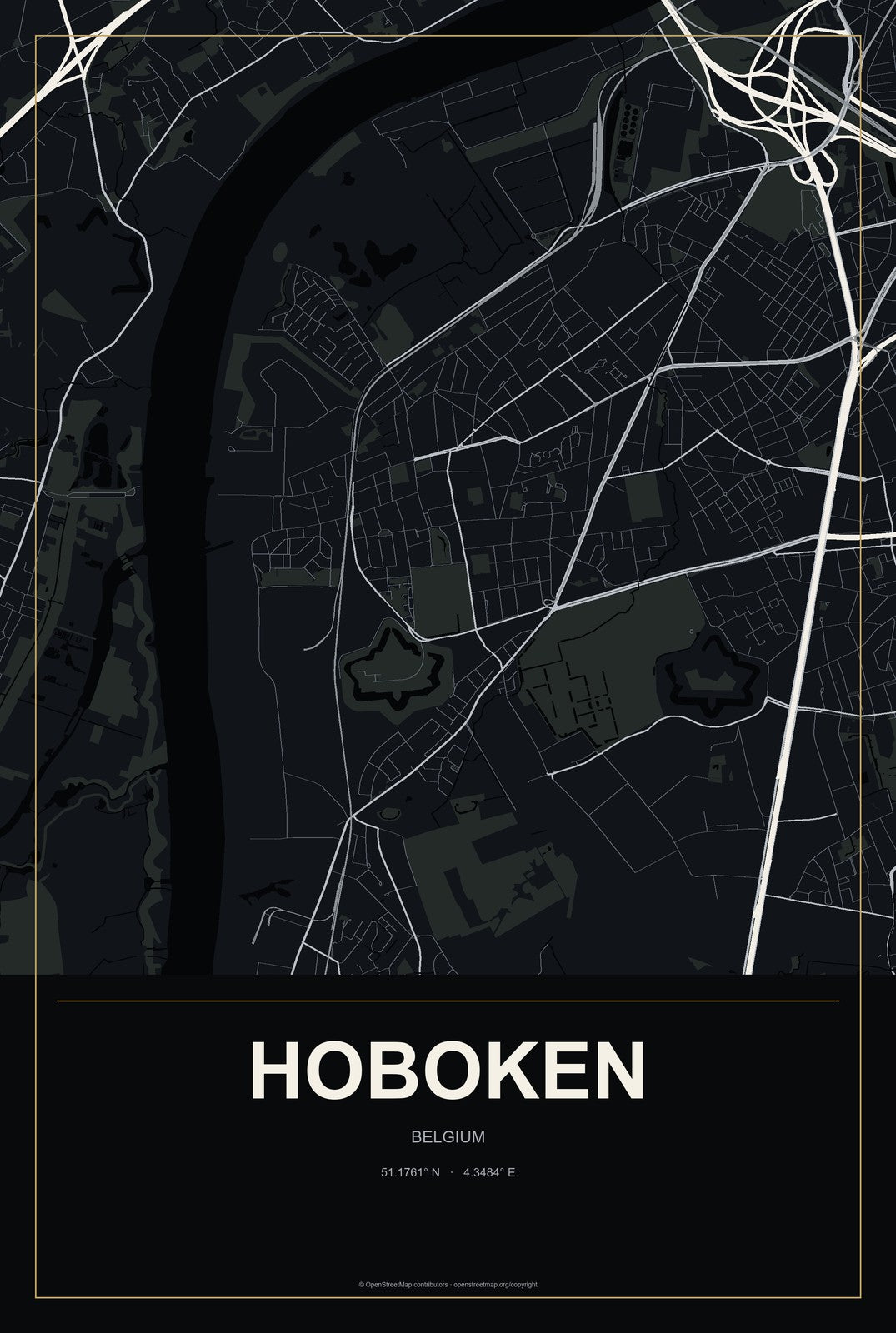 Hoboken, Belgium City Map Aluminum Sign in Metropolitan Noir style
