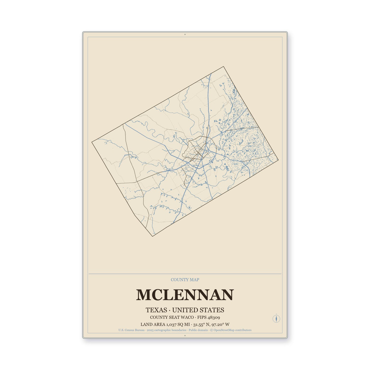 McLennan County, Texas Map Aluminum Sign in Heritage Nautical style