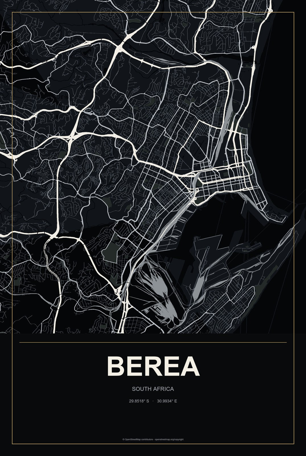 Berea, South Africa City Map Aluminum Sign in Metropolitan Noir style