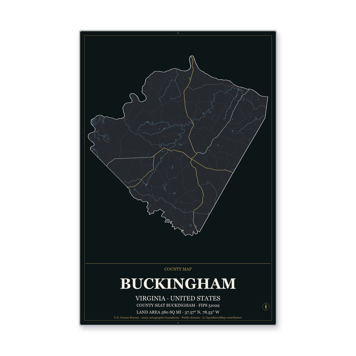 Buckingham County, Virginia Map Aluminum Sign in Metropolitan Noir style