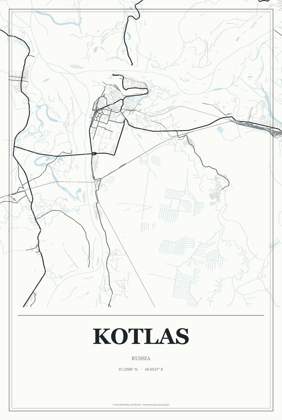 Kotlas, Russia City Map Aluminum Sign in Gallery Air style