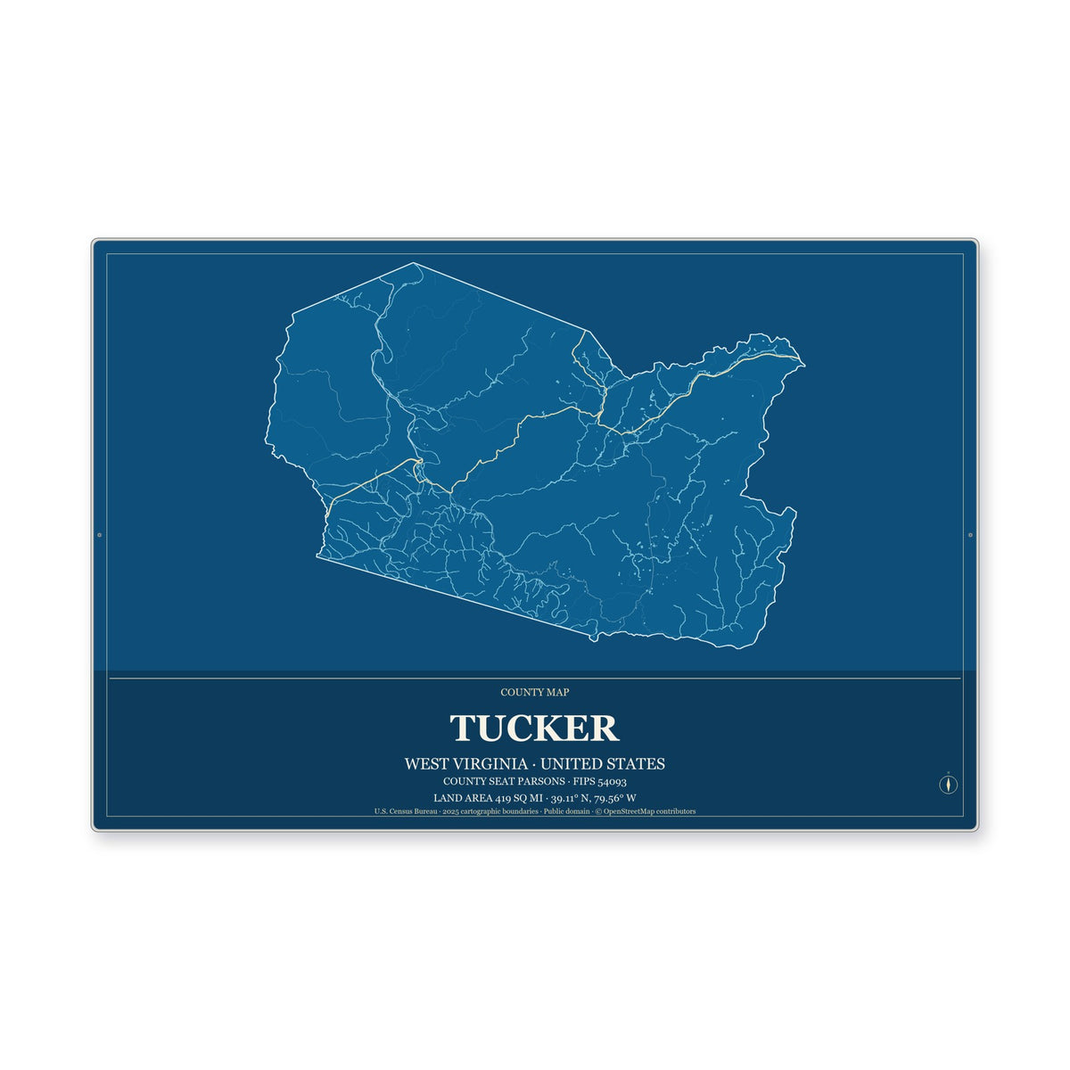 Tucker County, West Virginia Map Aluminum Sign in Harbor Cobalt style
