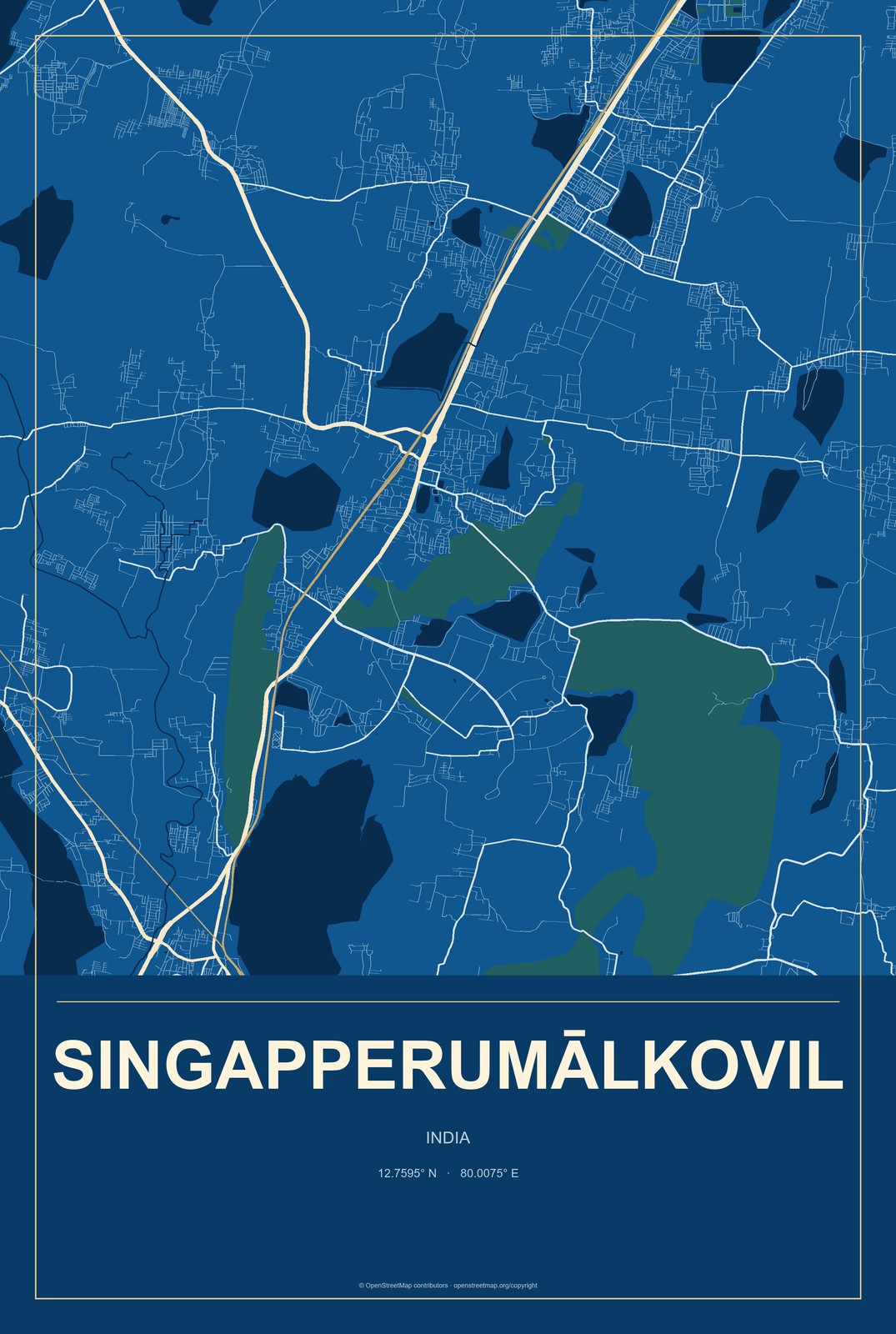 Singapperumālkovil, India City Map Aluminum Sign in Harbor Cobalt style