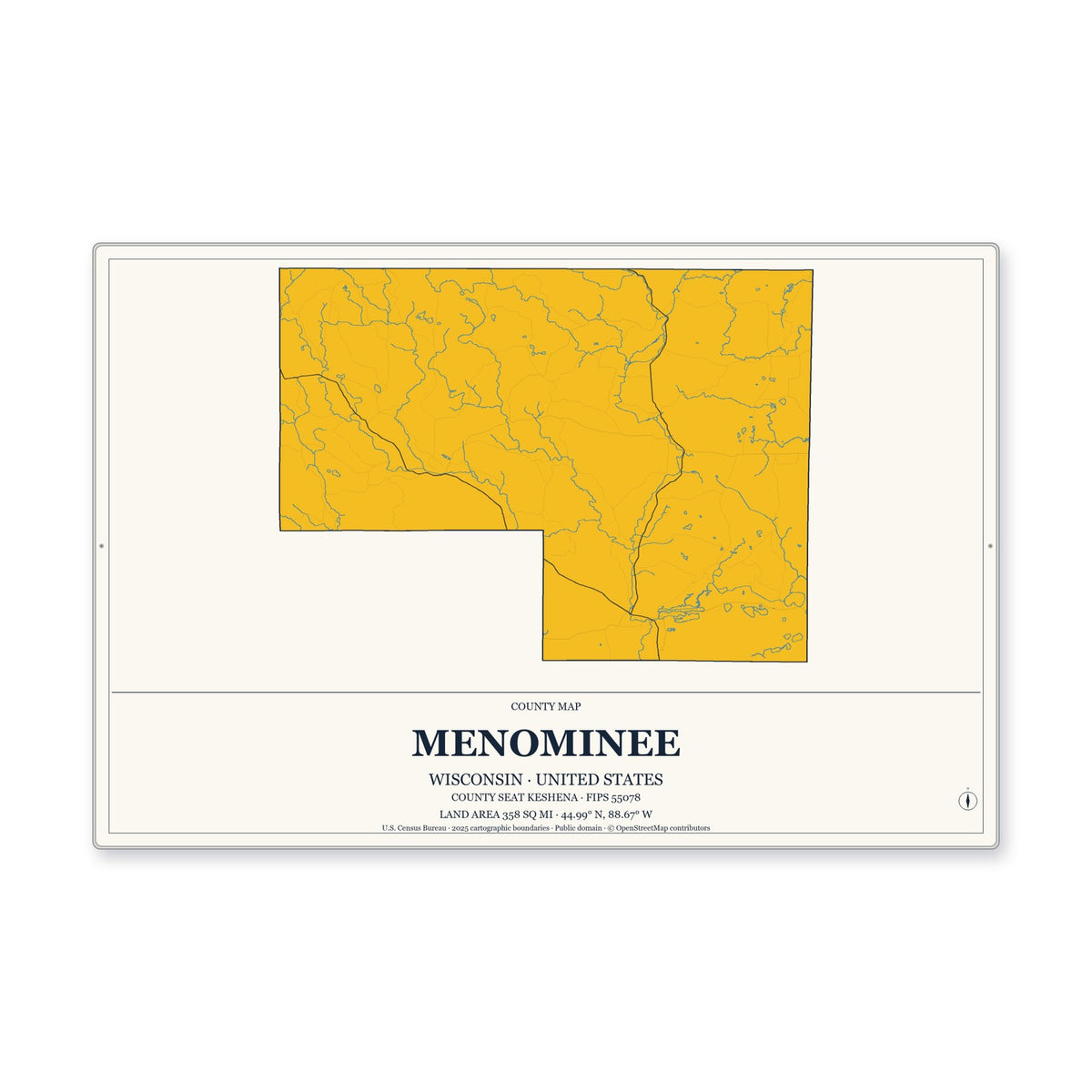 Menominee County, Wisconsin Map Aluminum Sign in Citrine Modern style