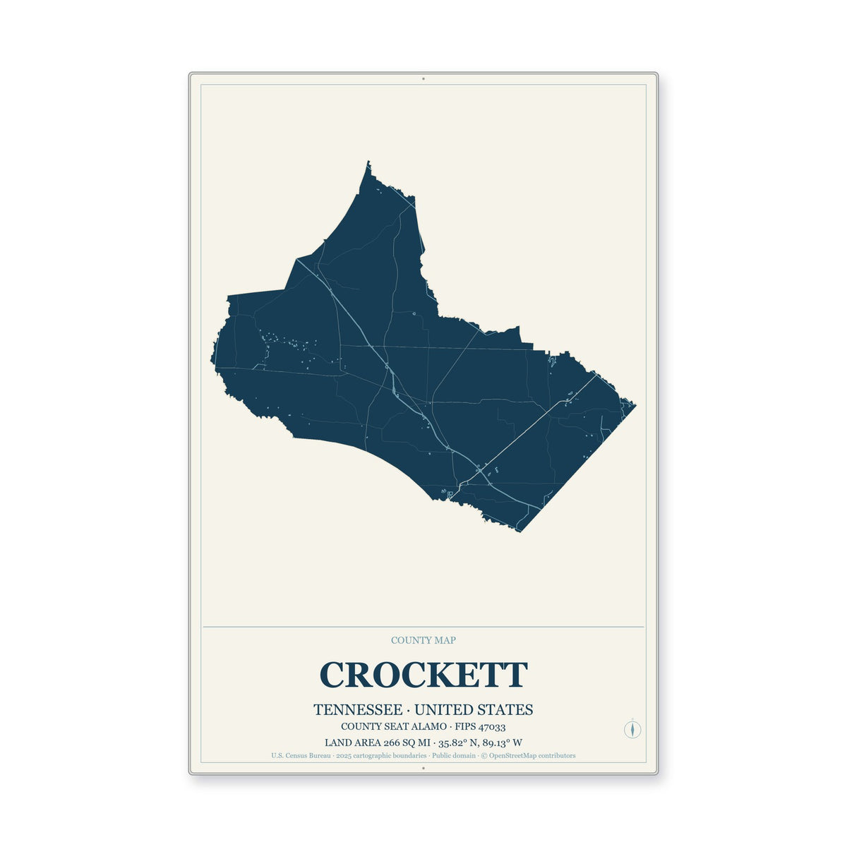 Crockett County, Tennessee Map Aluminum Sign in Coastal Cutout style