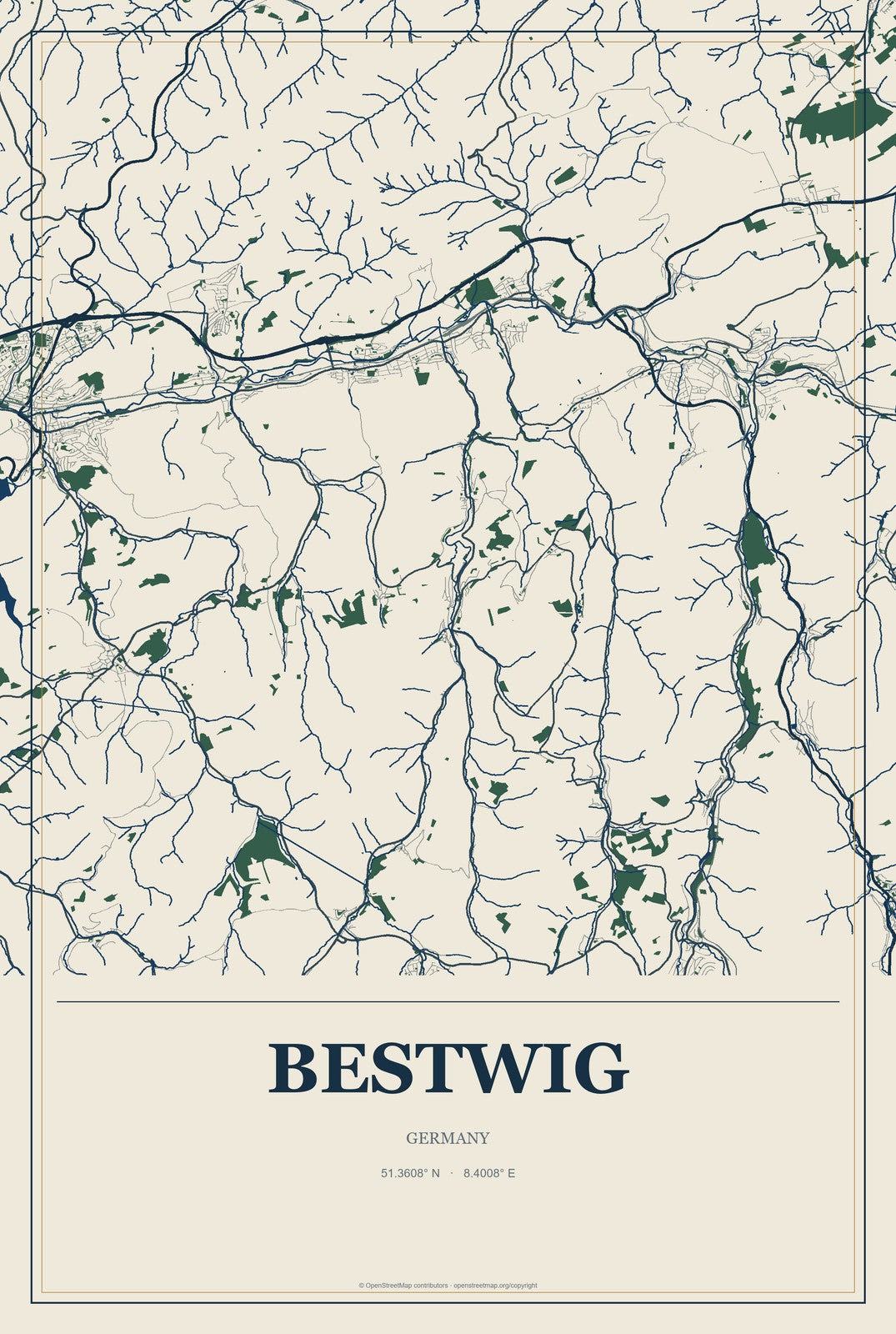 Bestwig, Germany City Map Aluminum Sign in Coastal Cutout style