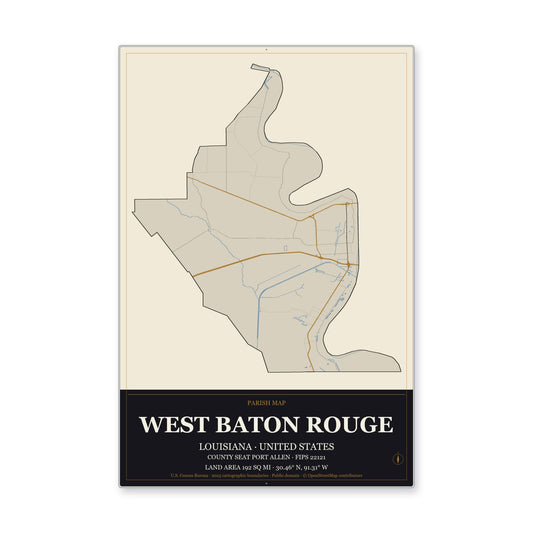 West Baton Rouge Parish, Louisiana Map Aluminum Sign in Museum Plaque style