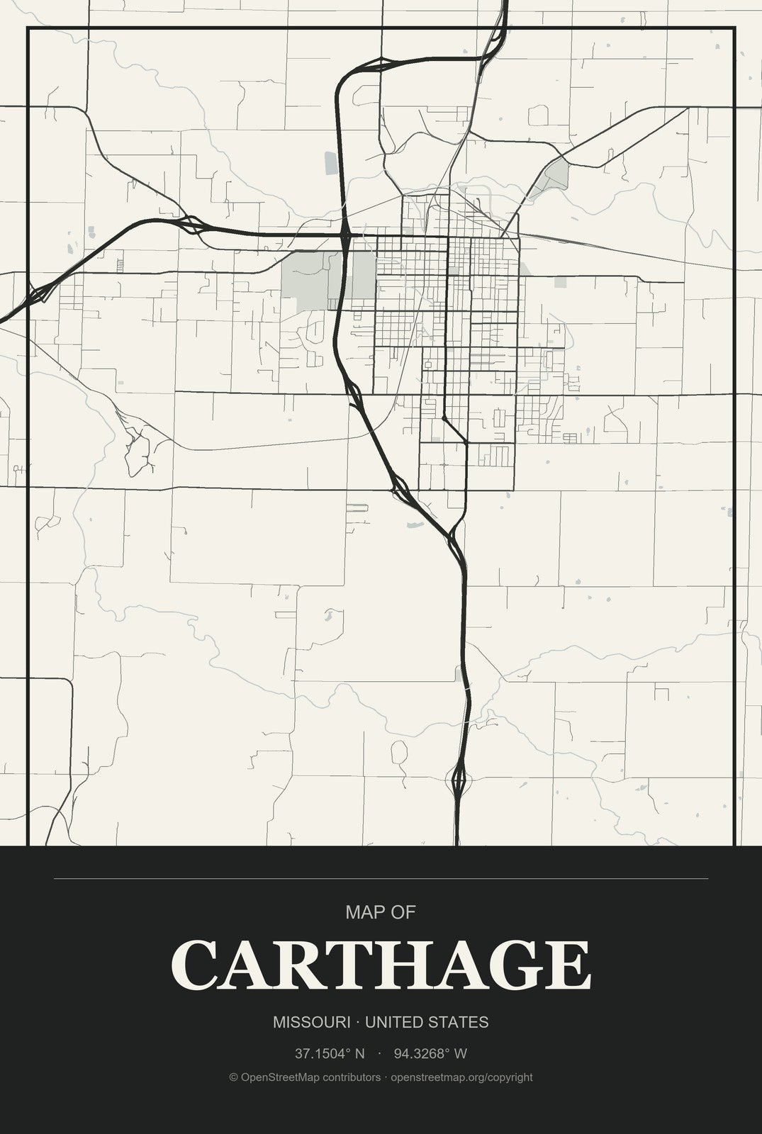 Carthage, Missouri City Map Aluminum Sign in Museum Plaque style