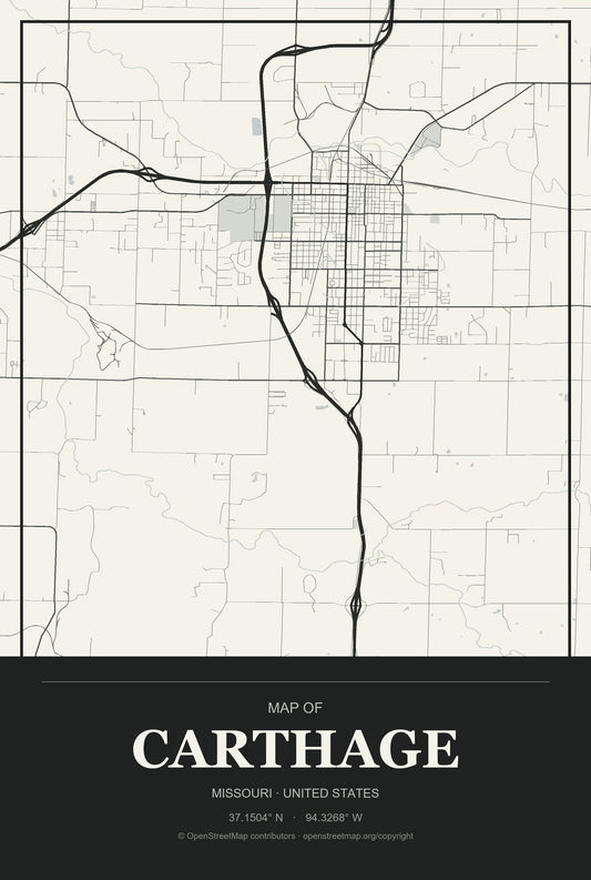 Carthage, Missouri City Map Aluminum Sign in Museum Plaque style