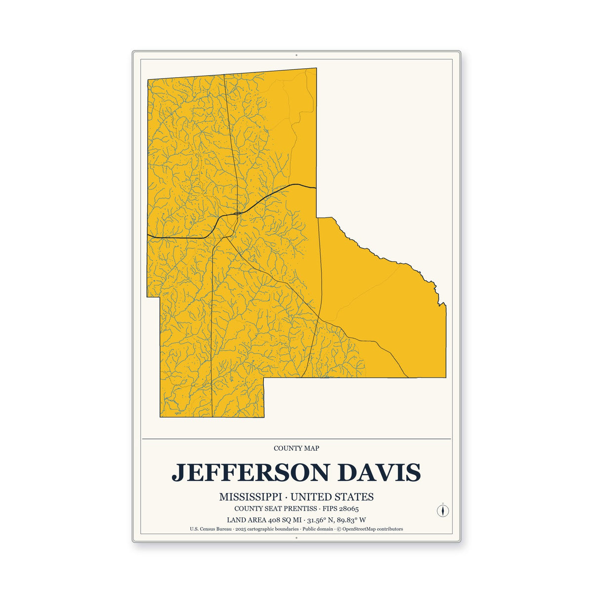Jefferson Davis County, Mississippi Map Aluminum Sign in Citrine Modern style