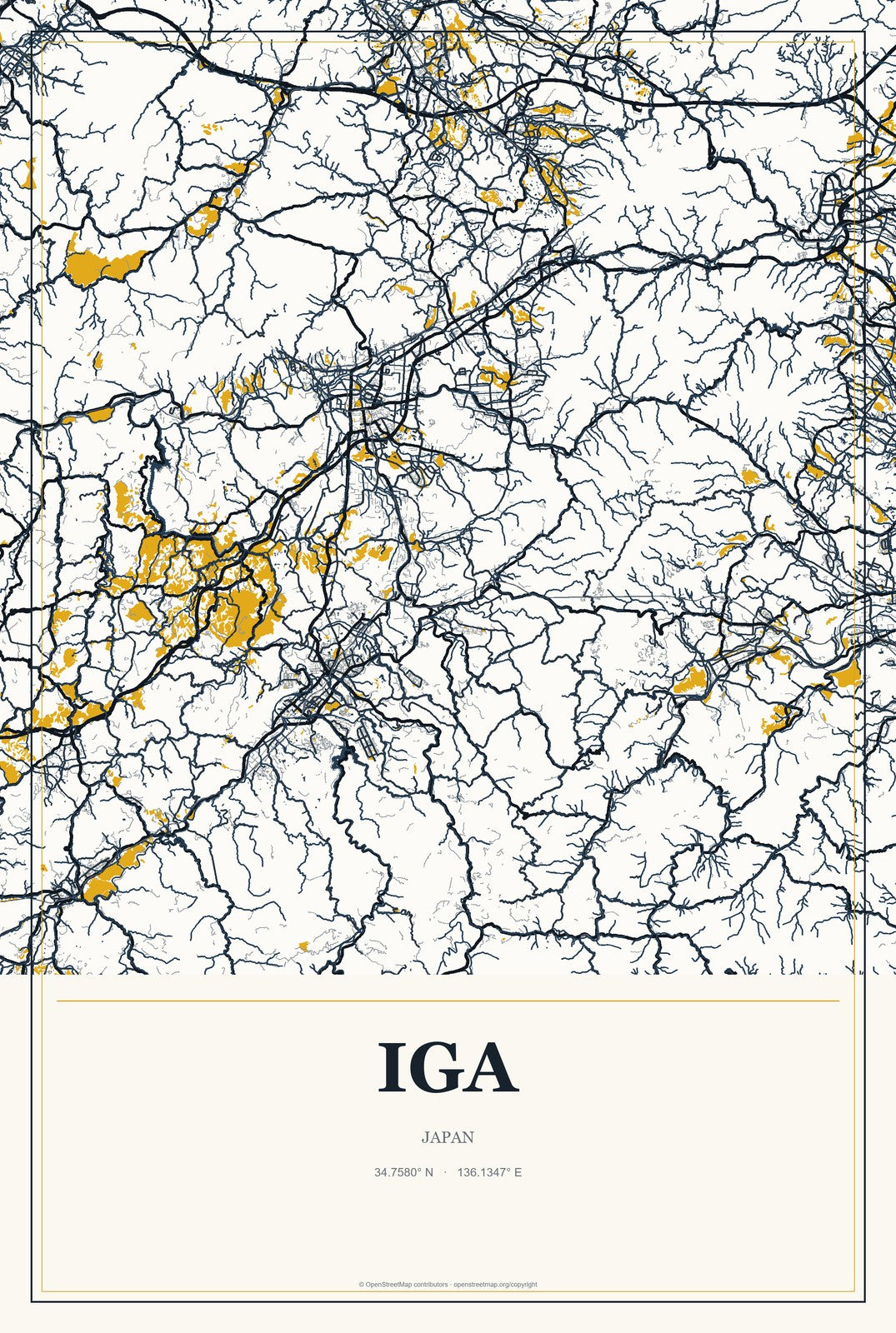 Iga, Japan City Map Aluminum Sign in Citrine Modern style