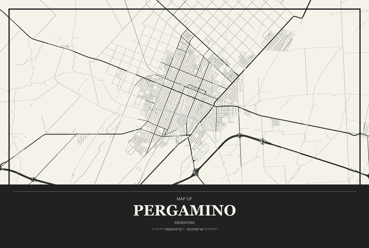 Pergamino, Argentina City Map Aluminum Sign in Museum Plaque style