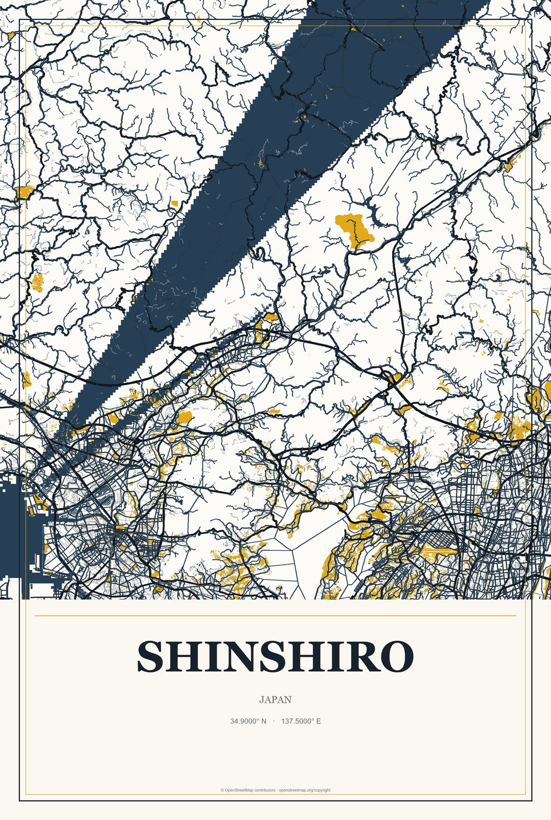 Shinshiro, Japan City Map Aluminum Sign in Citrine Modern style