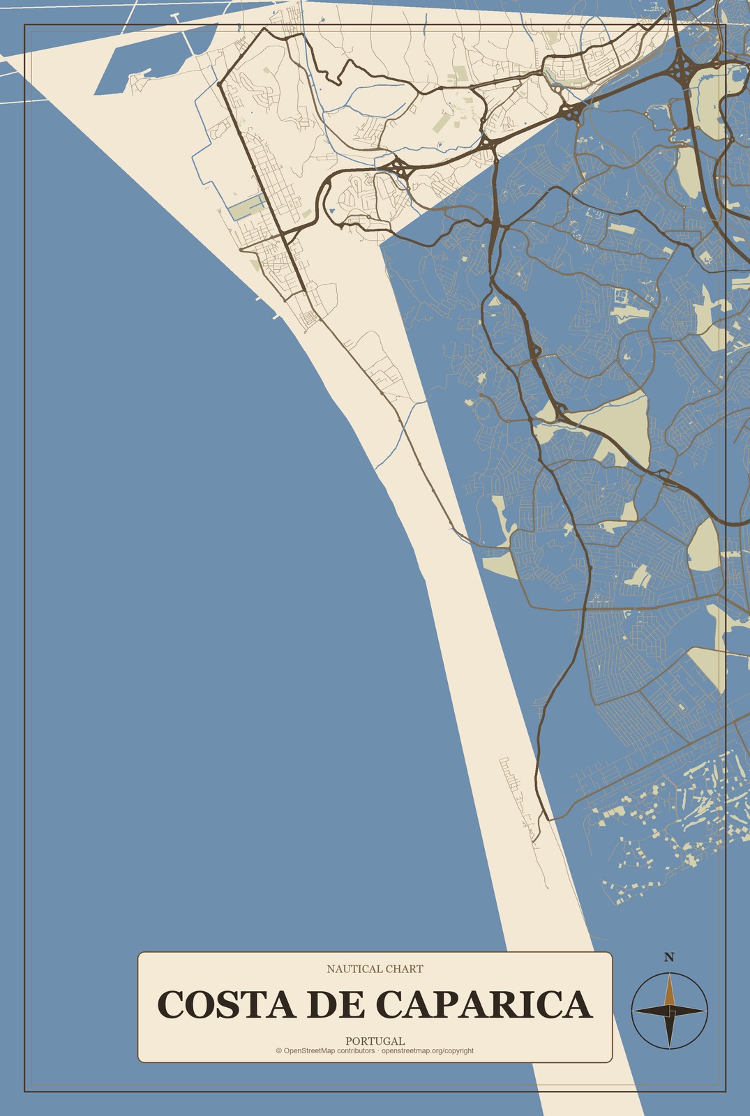 Costa de Caparica, Portugal City Map Aluminum Sign in Heritage Nautical style