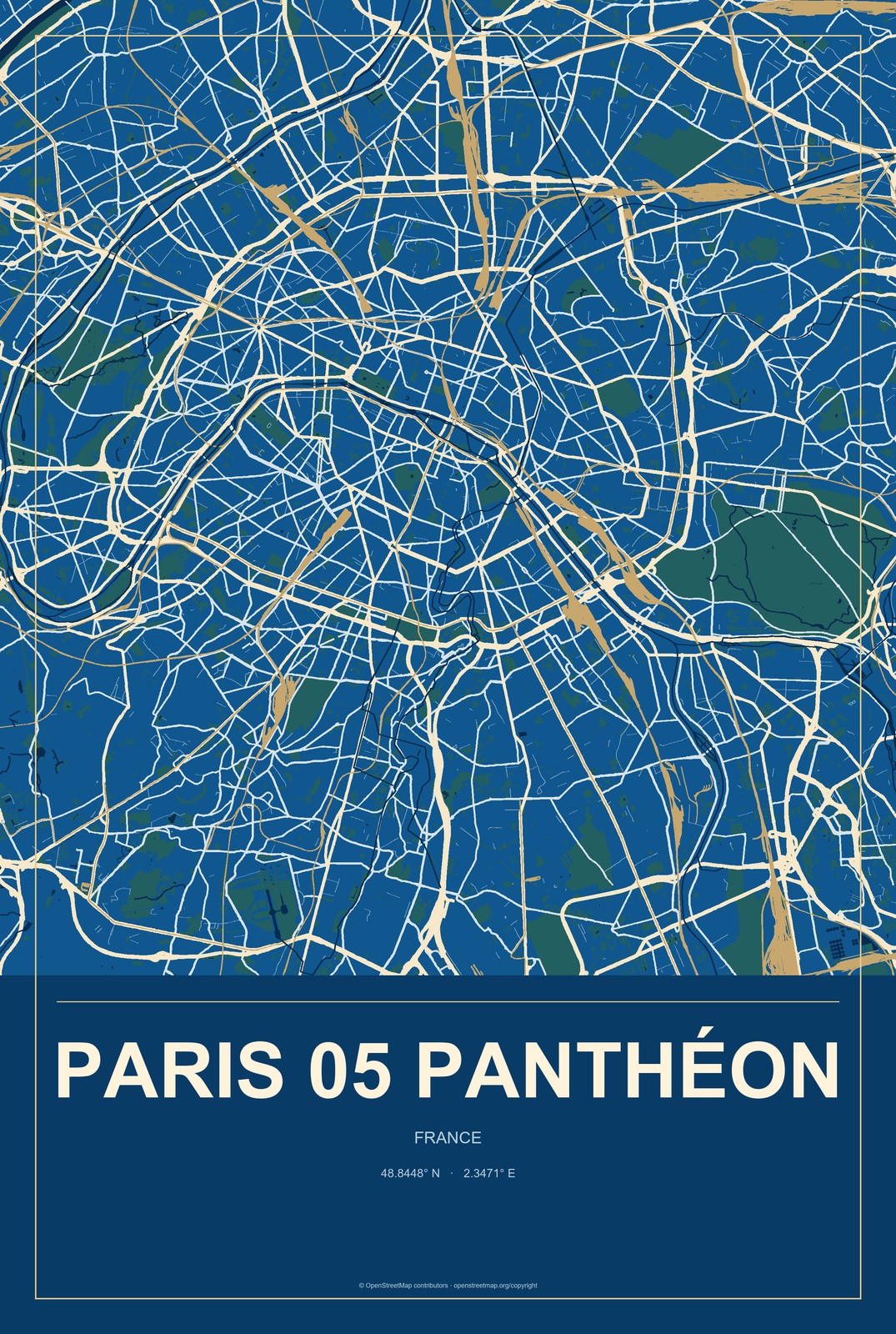 Paris 05 Panthéon, France City Map Aluminum Sign in Harbor Cobalt style
