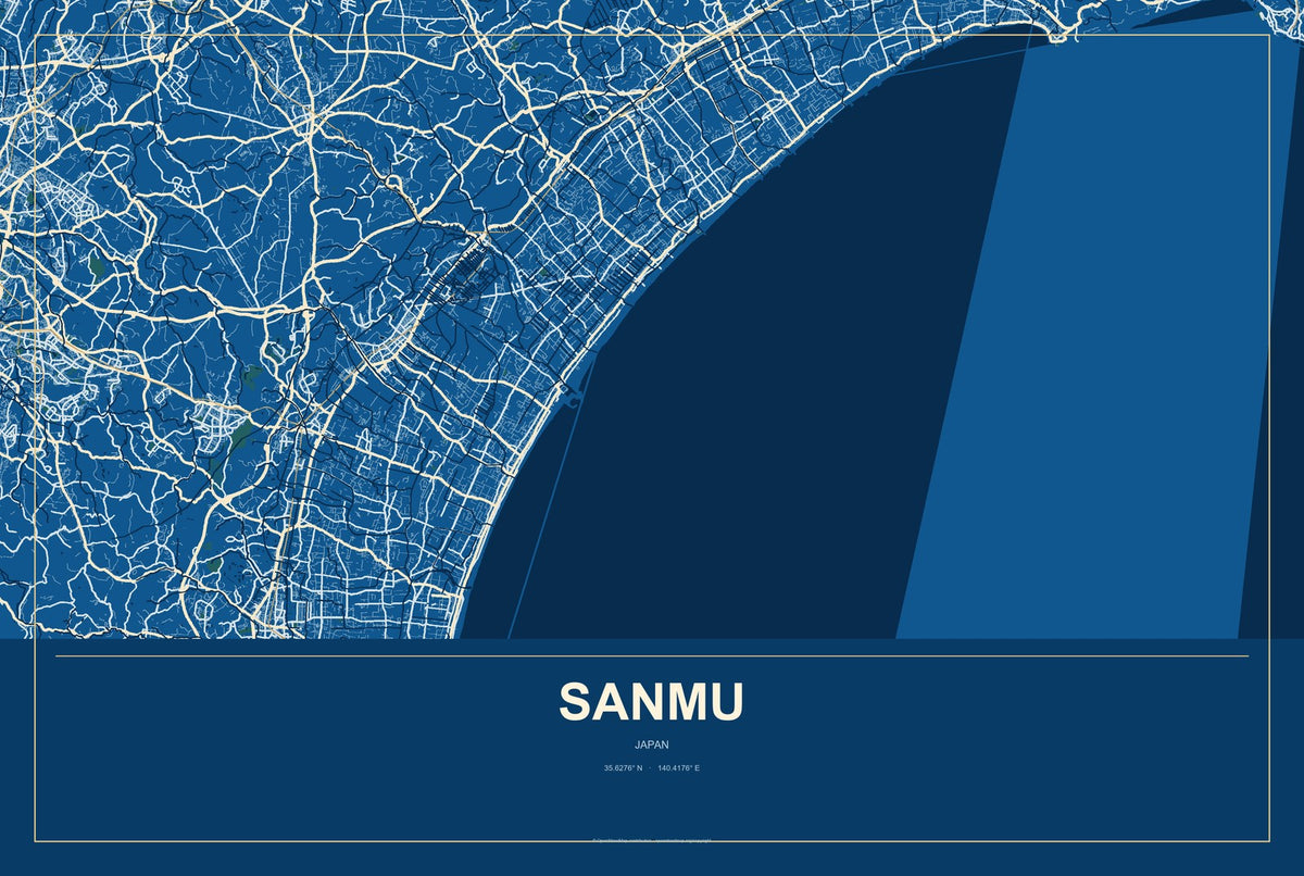 Sanmu, Japan City Map Aluminum Sign in Harbor Cobalt style
