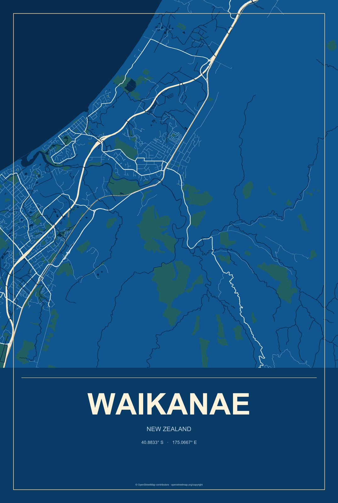 Waikanae, New Zealand City Map Aluminum Sign in Harbor Cobalt style