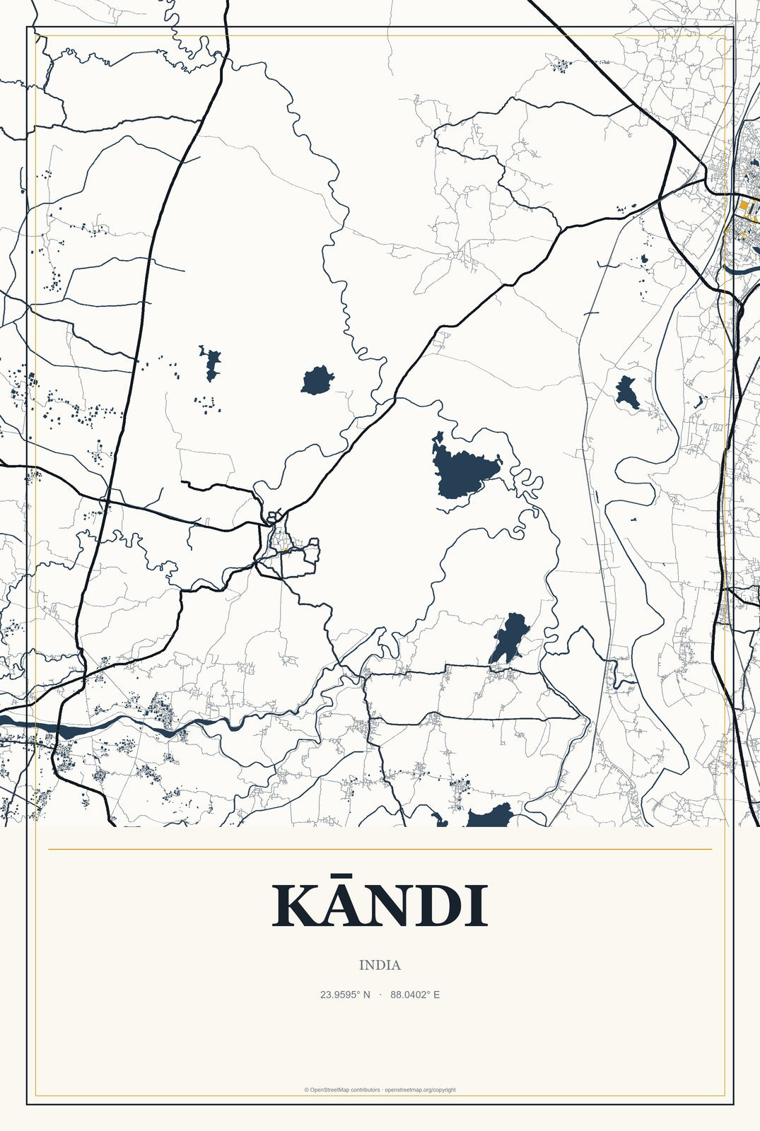 Kāndi, India City Map Aluminum Sign in Citrine Modern style