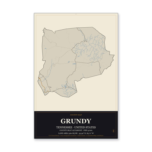 Grundy County, Tennessee Map Aluminum Sign in Museum Plaque style