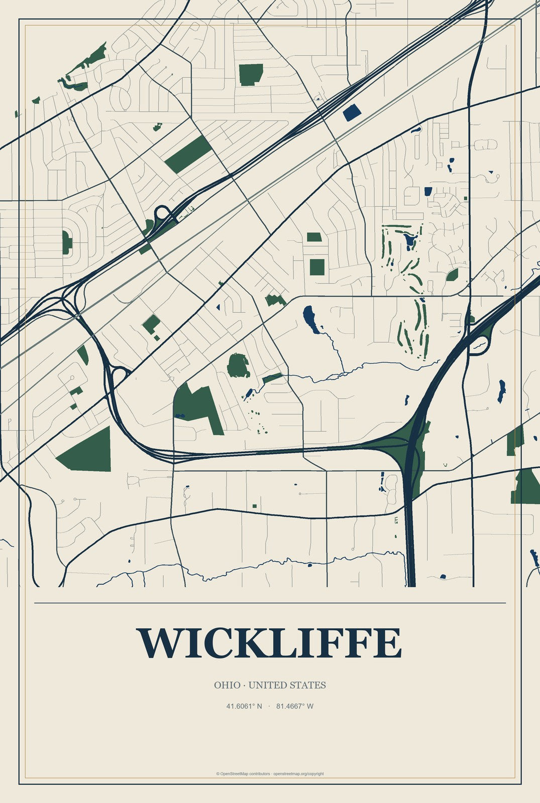 Wickliffe, Ohio City Map Aluminum Sign in Coastal Cutout style
