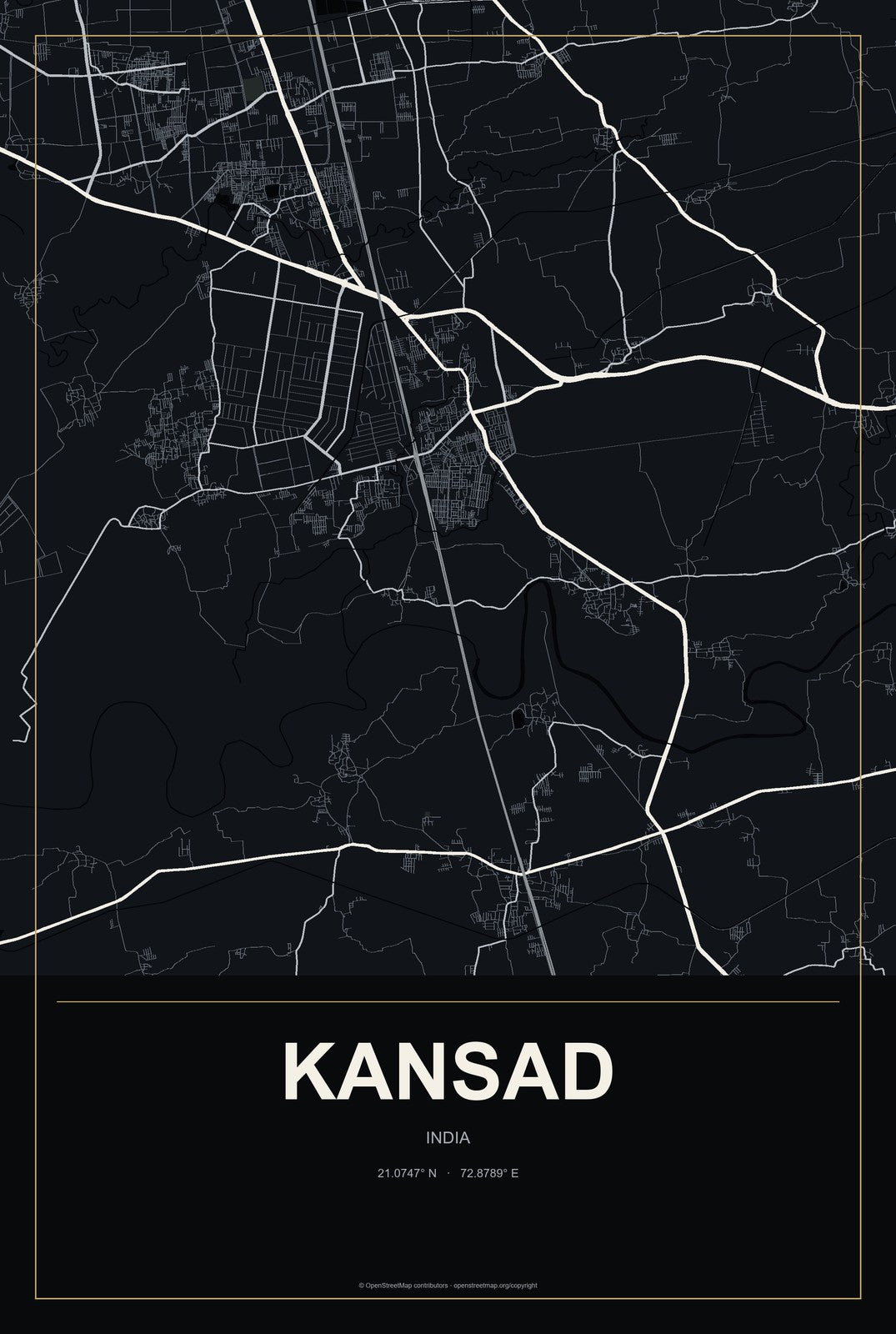 Kansad, India City Map Aluminum Sign in Metropolitan Noir style
