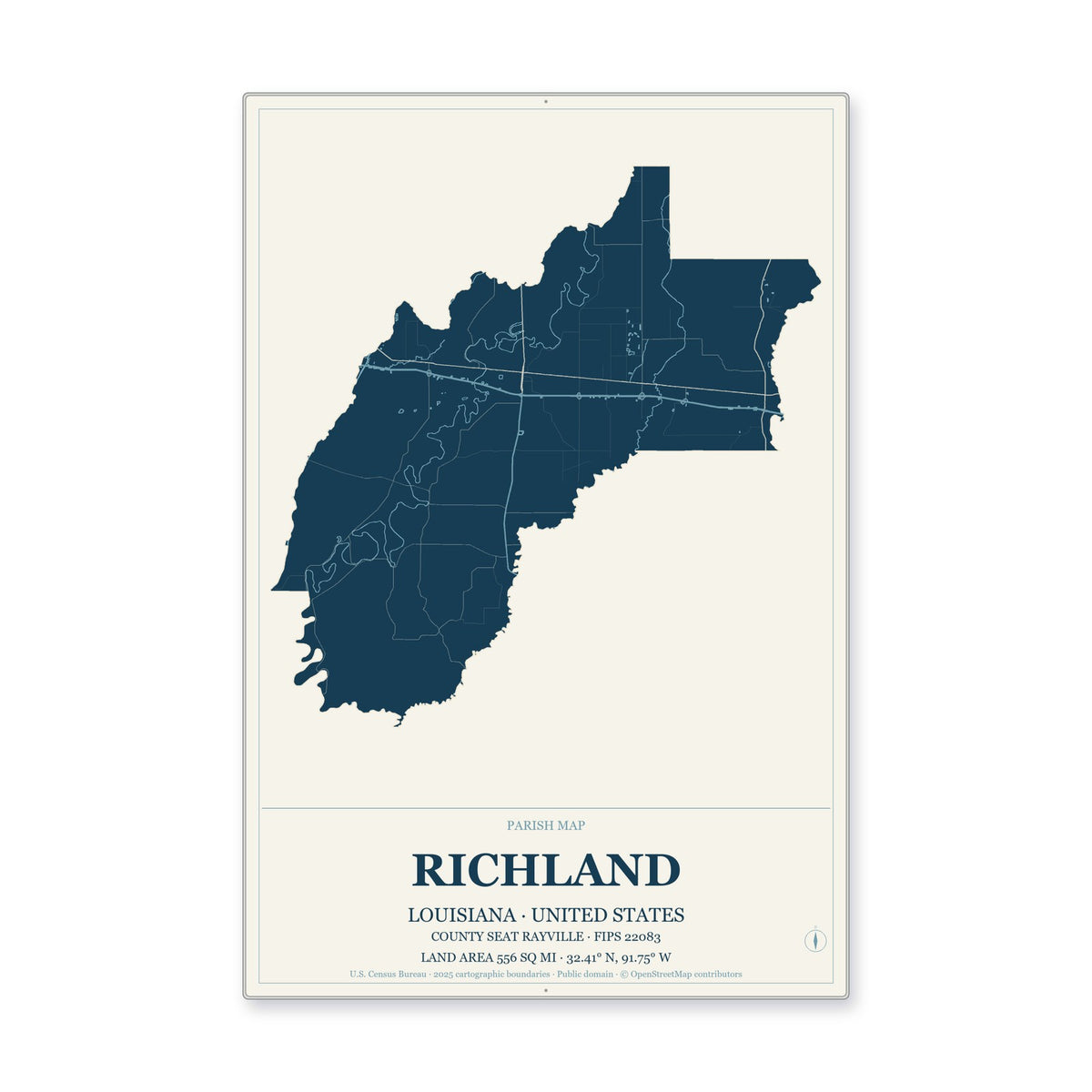 Richland Parish, Louisiana Map Aluminum Sign in Coastal Cutout style