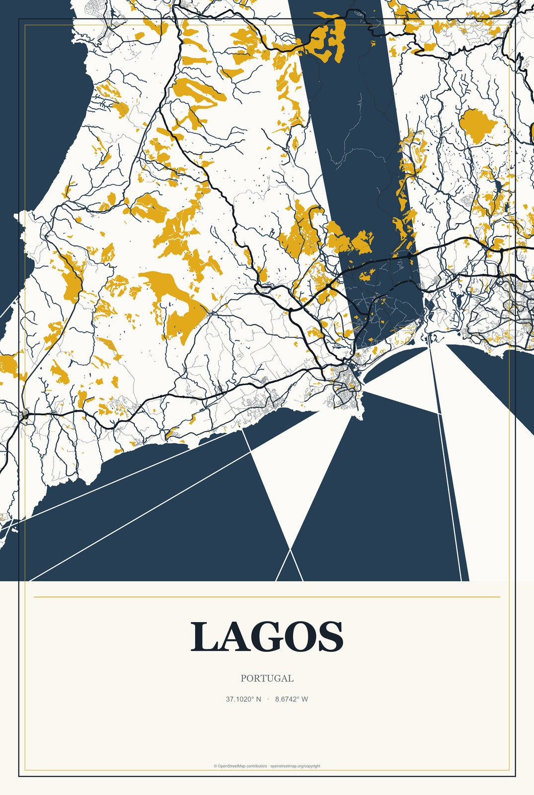 Lagos, Portugal City Map Aluminum Sign in Citrine Modern style