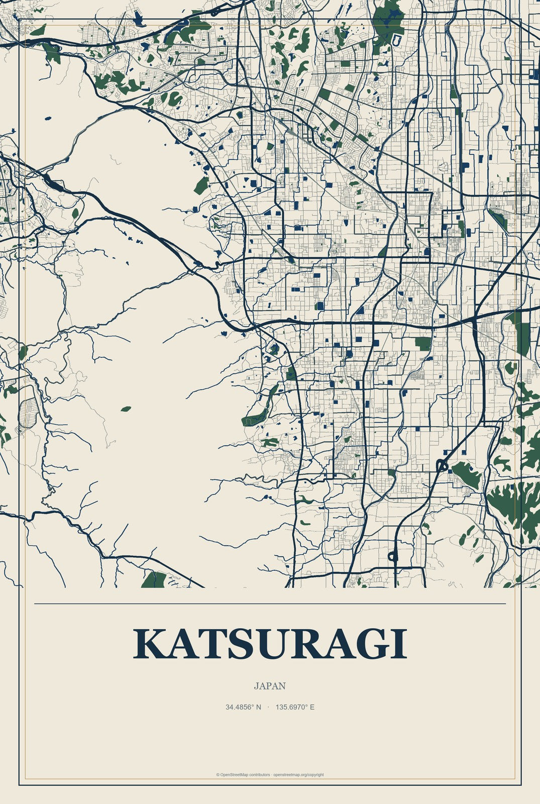Katsuragi, Japan City Map Aluminum Sign in Coastal Cutout style