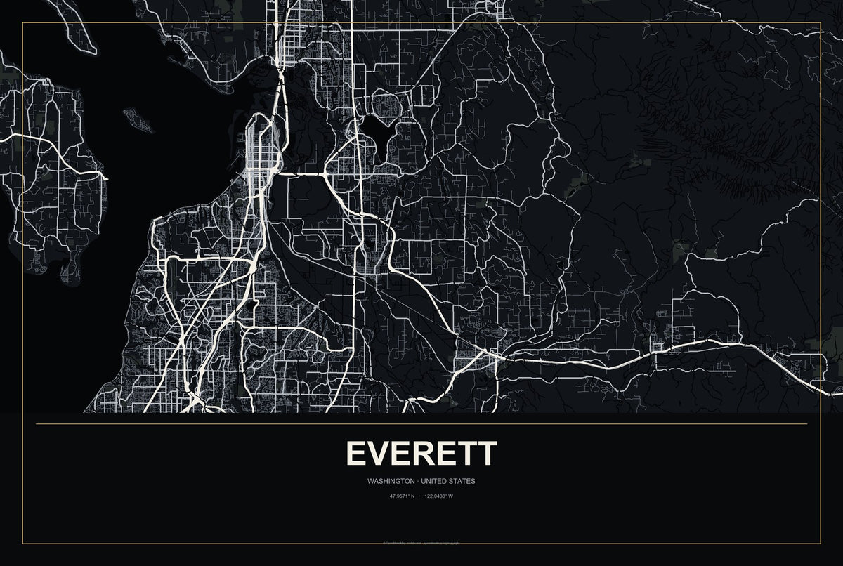 Everett, Washington City Map Aluminum Sign in Metropolitan Noir style