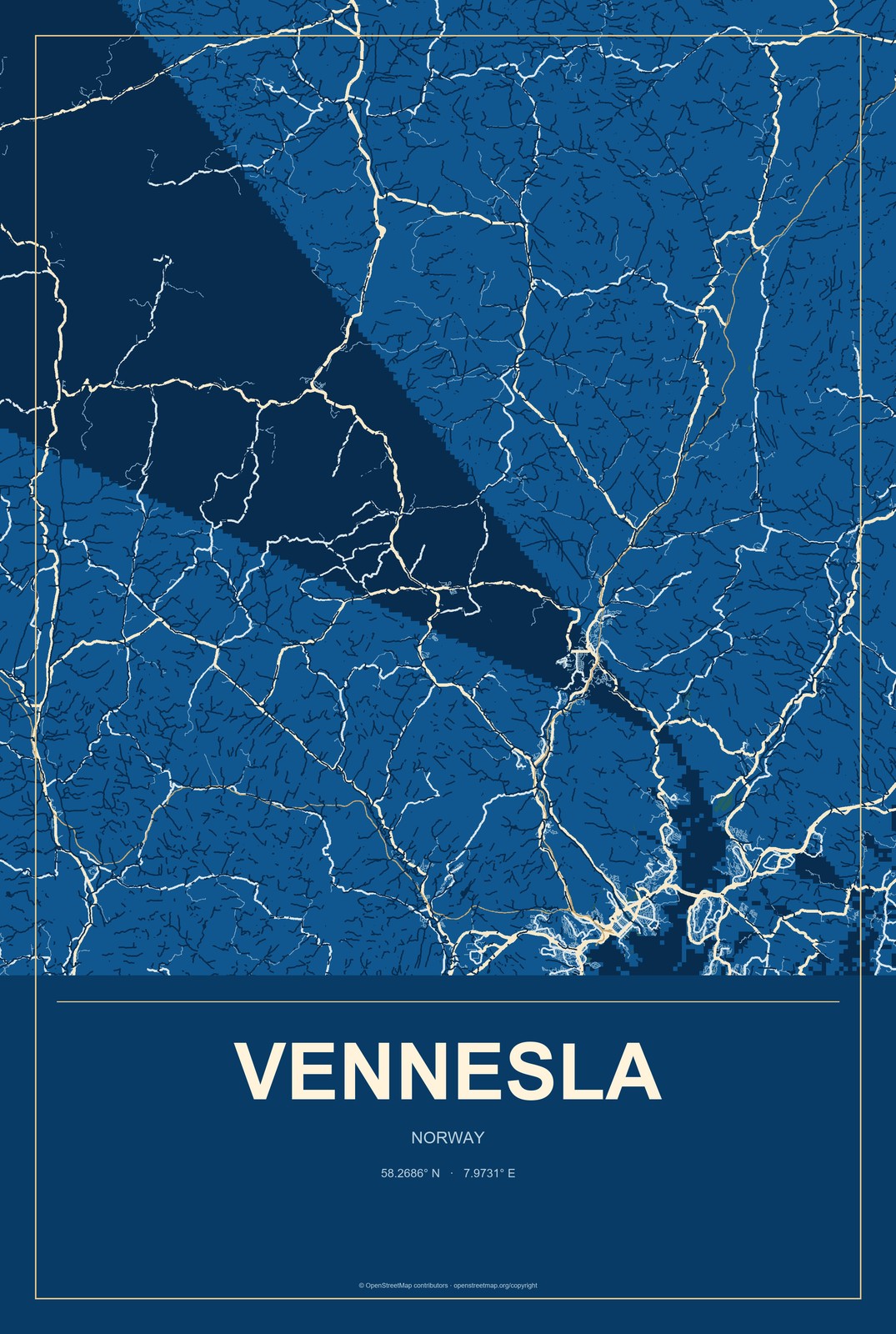 Vennesla, Norway City Map Aluminum Sign in Harbor Cobalt style