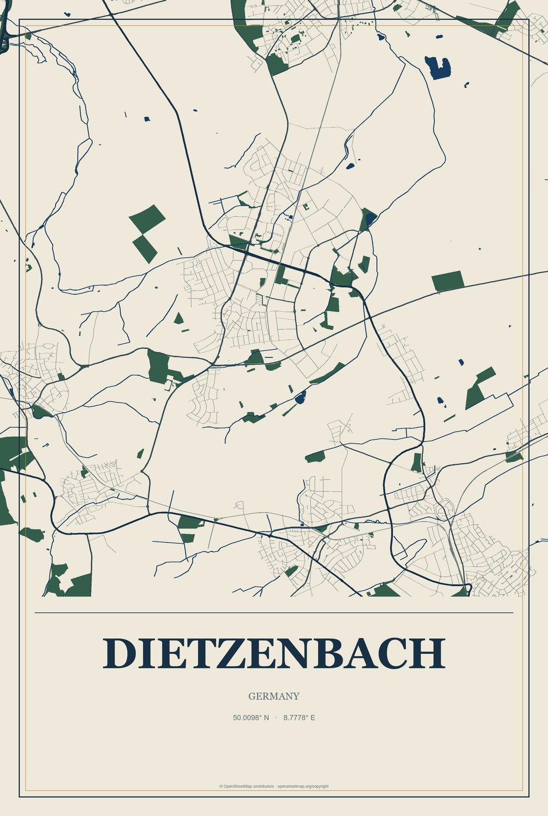 Dietzenbach, Germany City Map Aluminum Sign in Coastal Cutout style