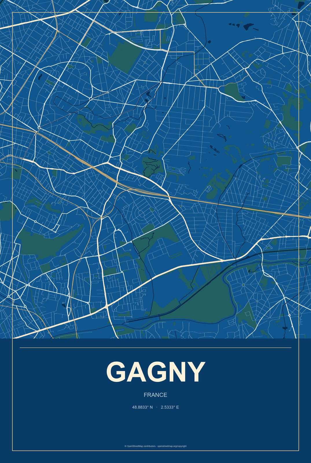 Gagny, France City Map Aluminum Sign in Harbor Cobalt style