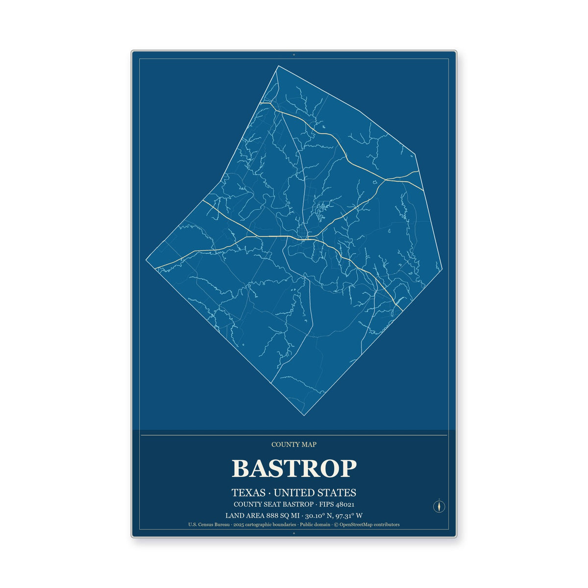 Bastrop County, Texas Map Aluminum Sign in Harbor Cobalt style